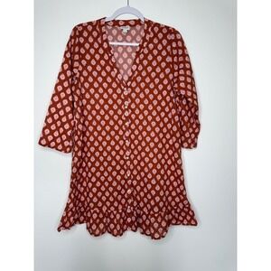 J Crew Tunic Top Block Print Cotton Ruffle Hem Terra‎ Blaze Red Medium